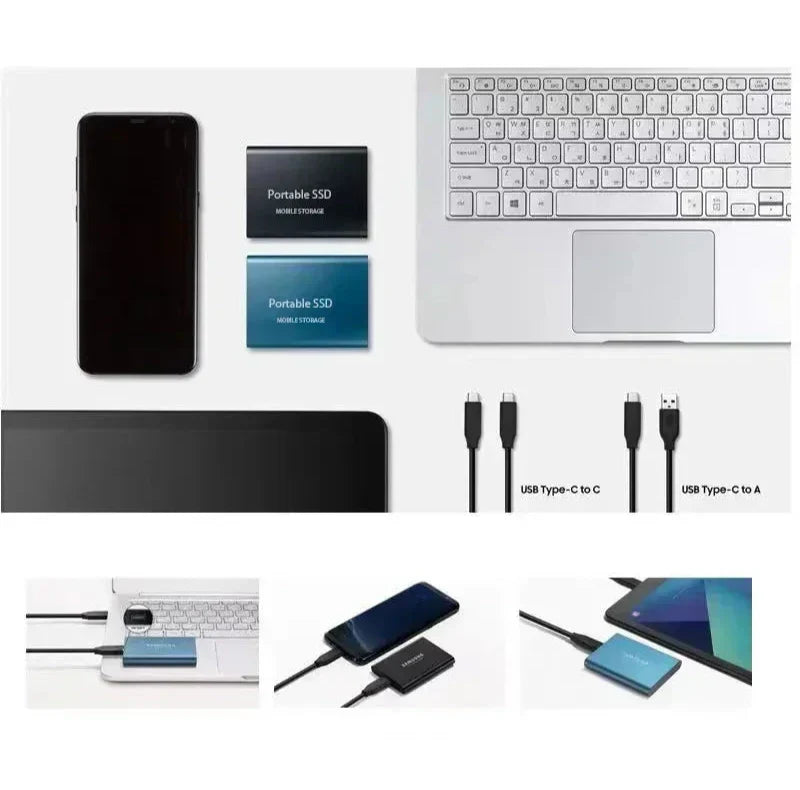 Portable 2TB external SSD with connection cable