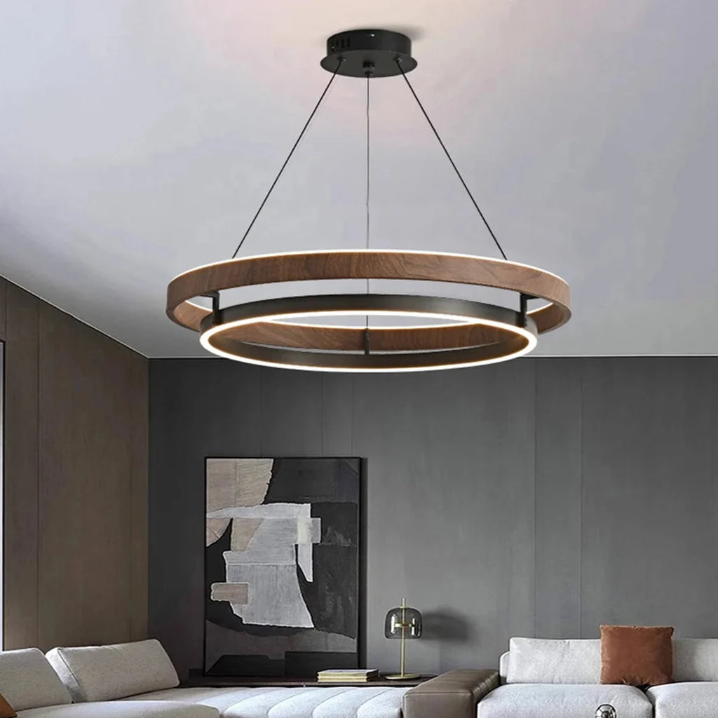 Circular suspended chandelier with wood-effect double rings and illuminated inner ring