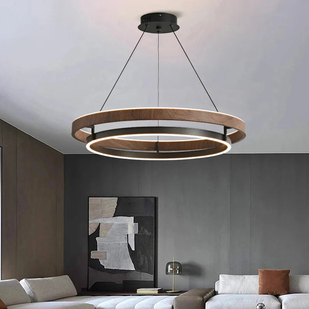 Circular suspended chandelier with wood-effect double rings and illuminated inner ring