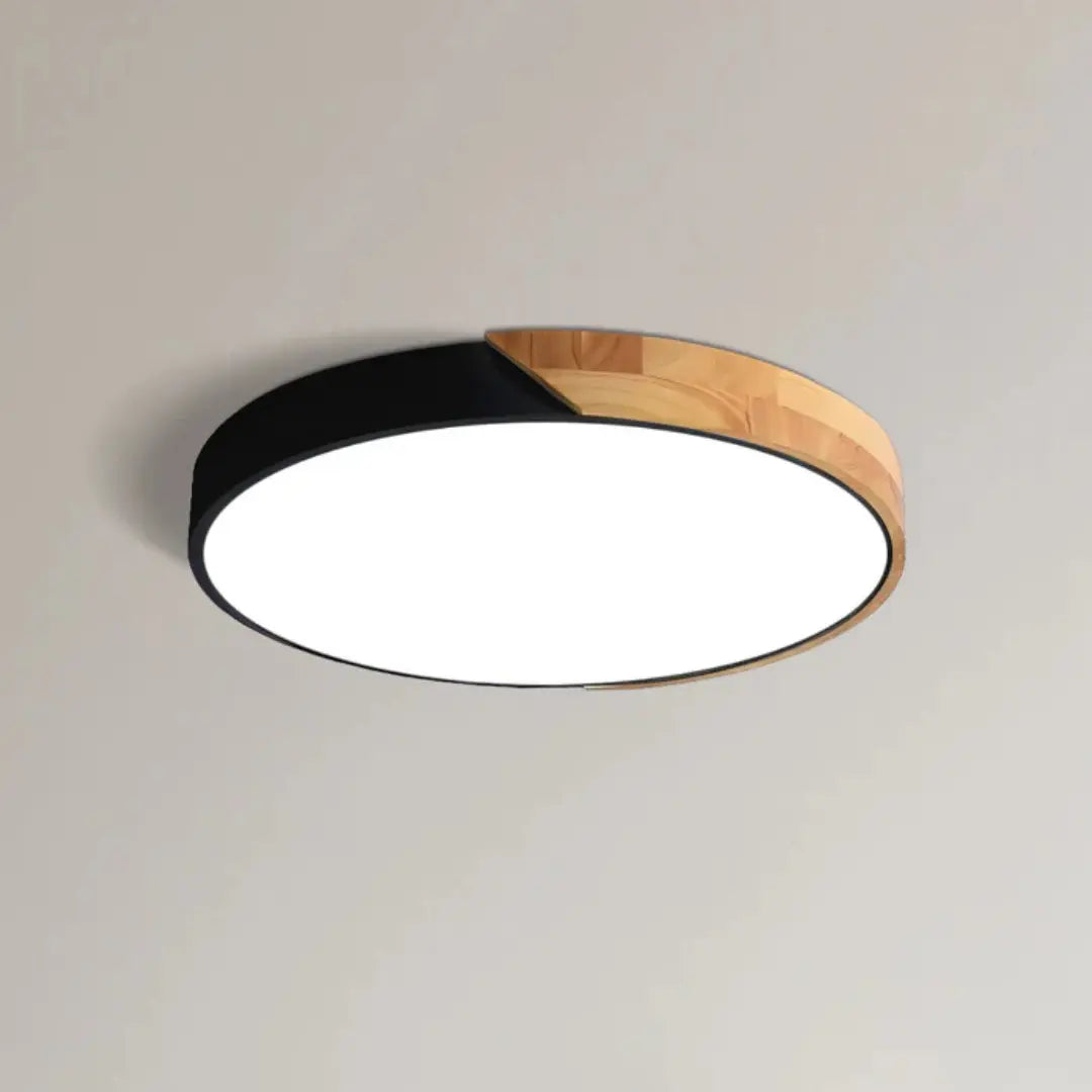 Round flush mount LED ceiling light with white diffuser and wood-effect accent