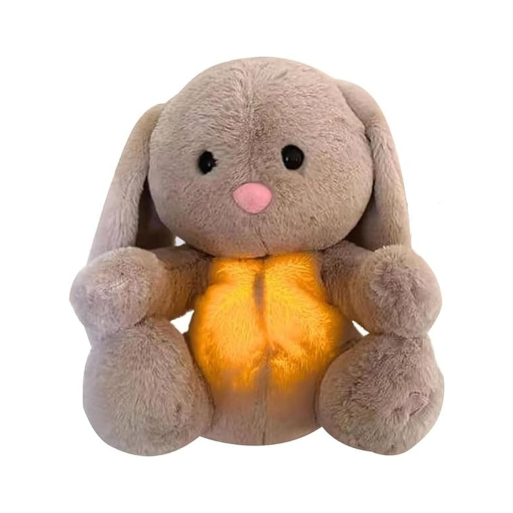 Gray bunny stuffed animal with long ears and glowing yellow belly