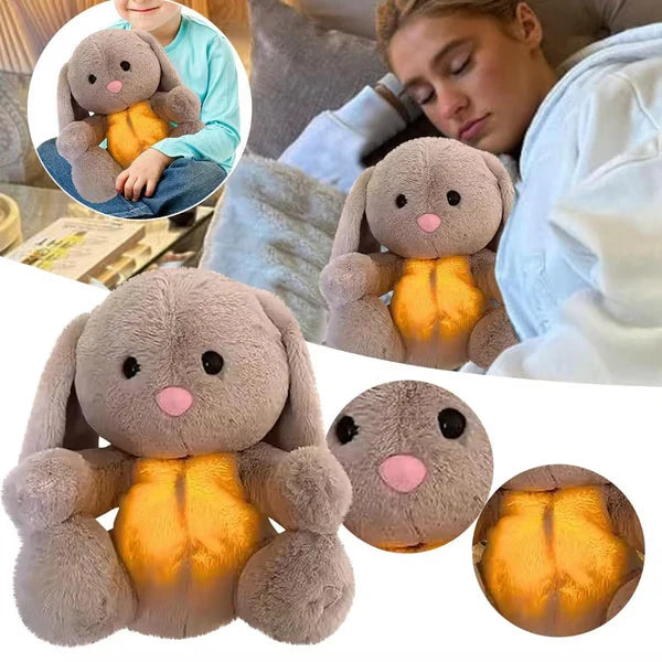 Gray bunny stuffed animal with long ears and glowing yellow belly