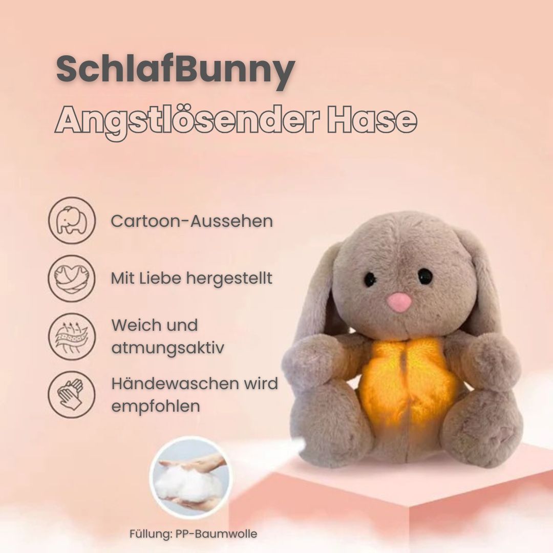 Gray bunny stuffed animal with long ears and glowing yellow belly