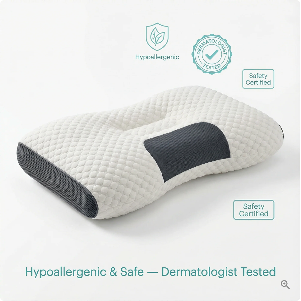 White contoured ergonomic pillow with textured cover and dark grey side panels