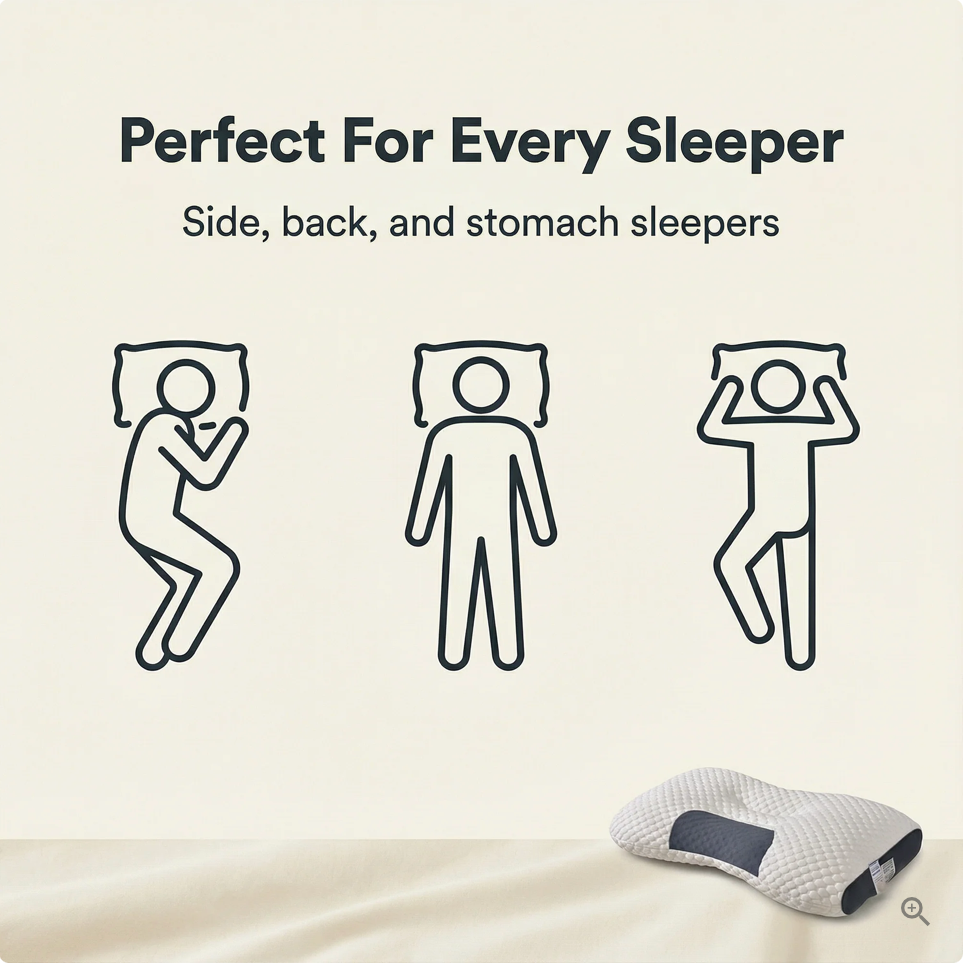 White contoured ergonomic pillow with textured cover and dark grey side panels