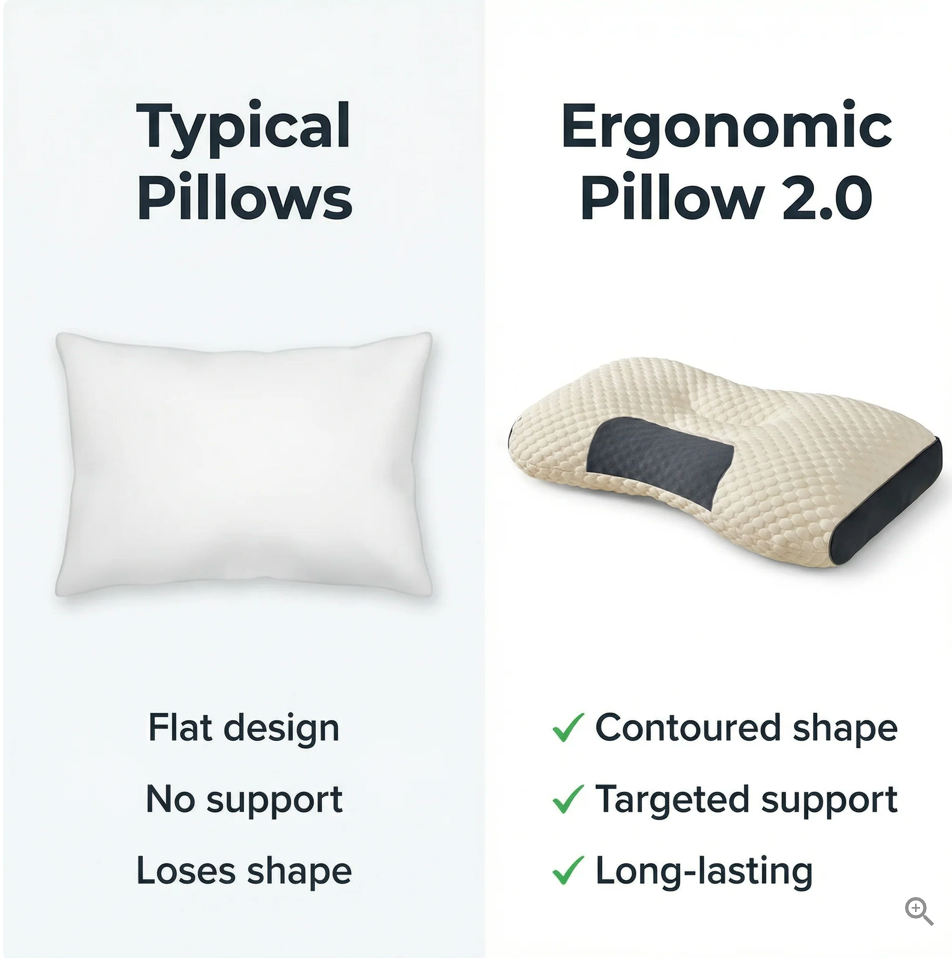White contoured ergonomic pillow with textured cover and dark grey side panels