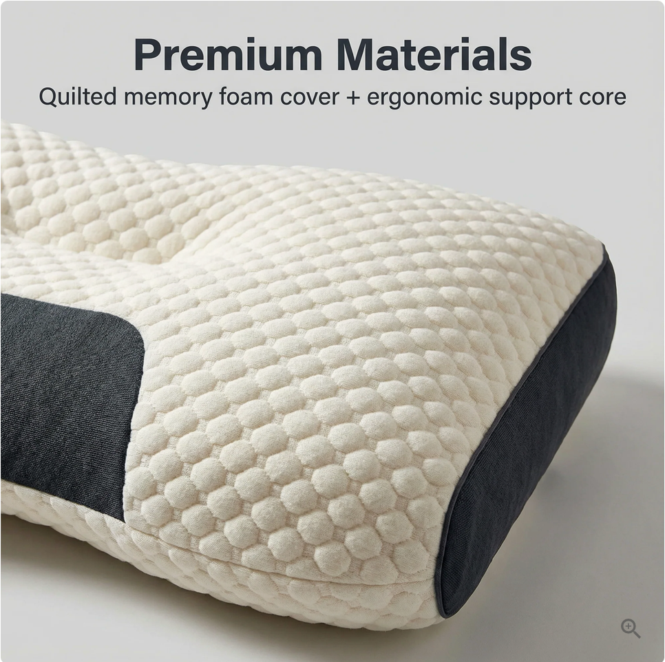 White contoured ergonomic pillow with textured cover and dark grey side panels