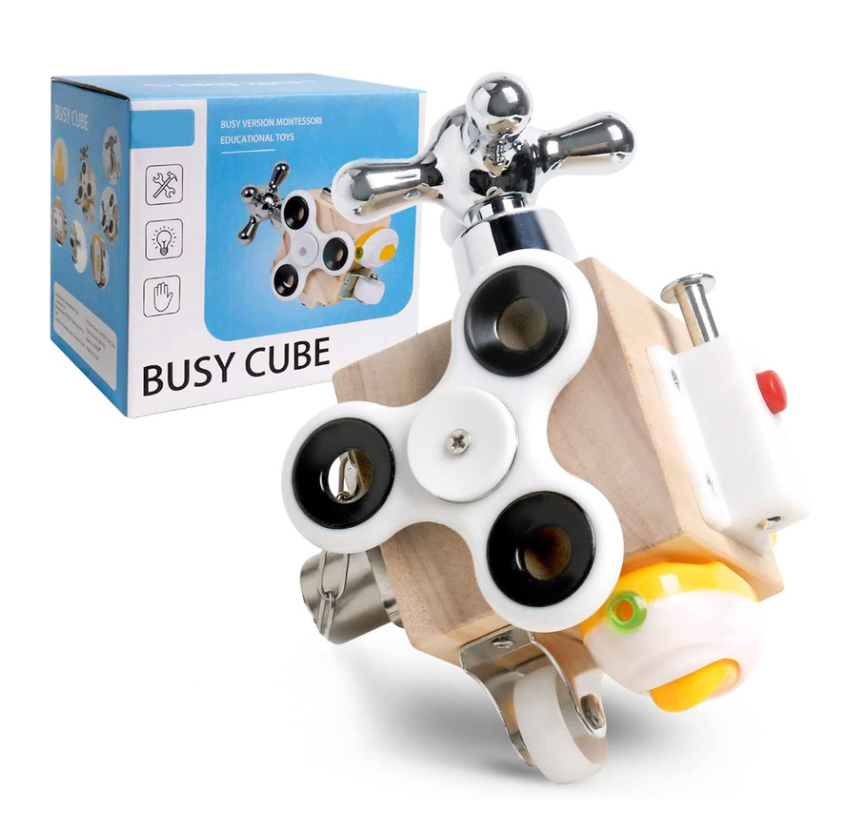 Busy cube activity toy with wood-effect panels, spinner, bell and moving parts