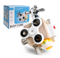Busy cube activity toy with wood-effect panels, spinner, bell and moving parts