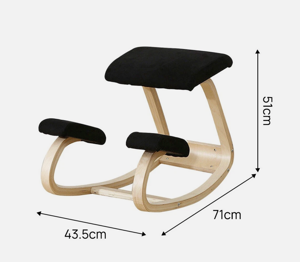 Ergonomic kneeling chair with black cushions and curved light wood-tone frame