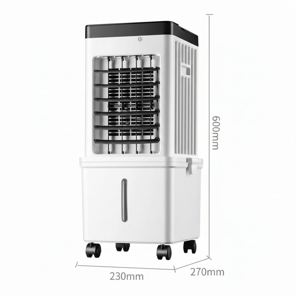 White portable air cooler and fan on wheels