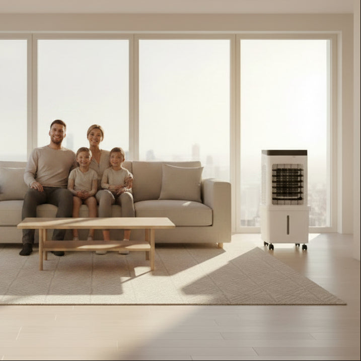 White portable air cooler with black control panel and castors
