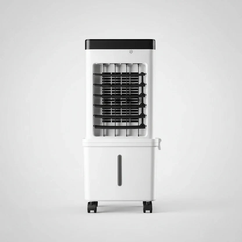 White portable air cooler with black control panel and castors