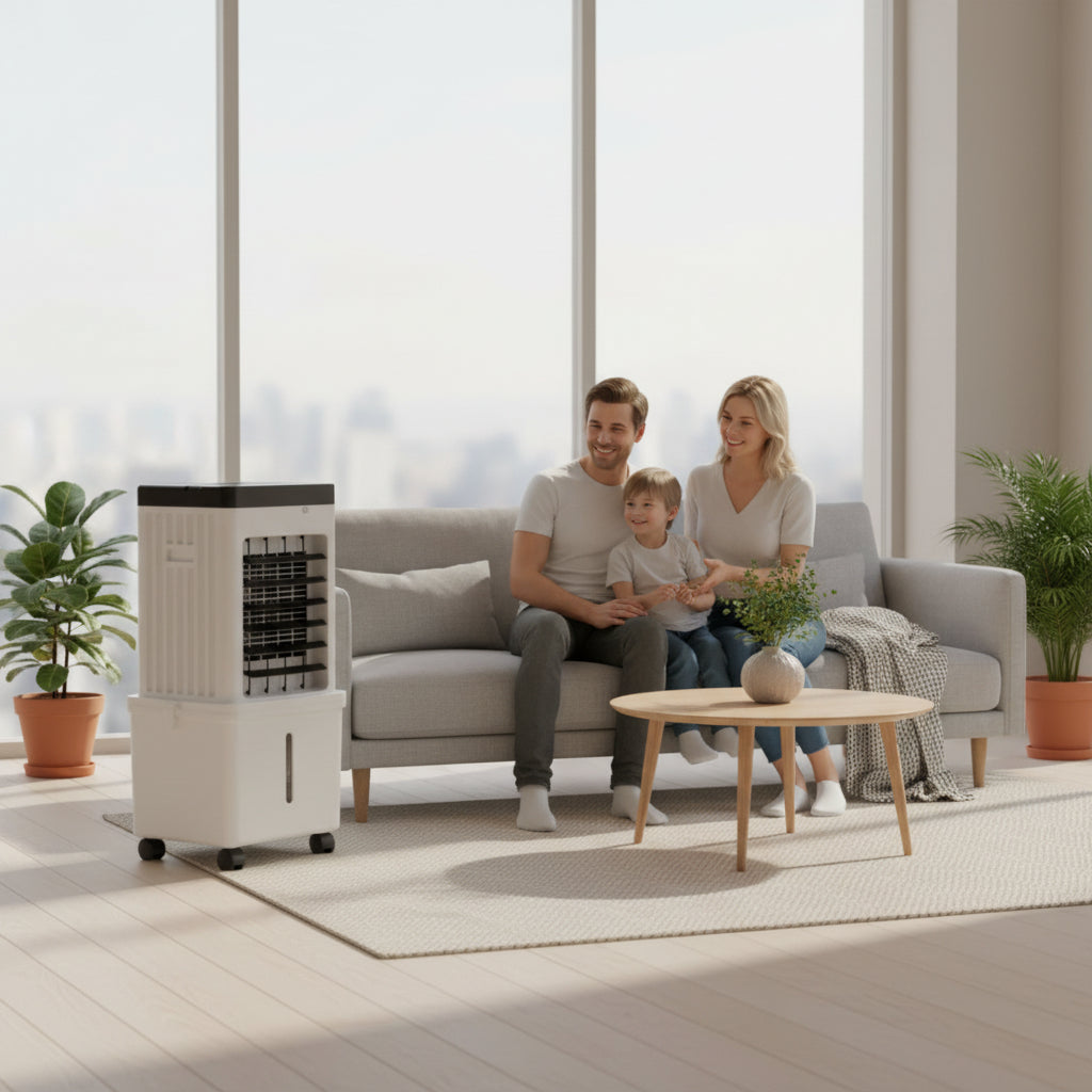 White portable air cooler with black control panel and castors