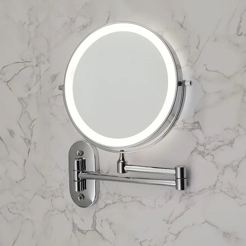 Round wall-mounted makeup mirror with LED light ring and swing arm