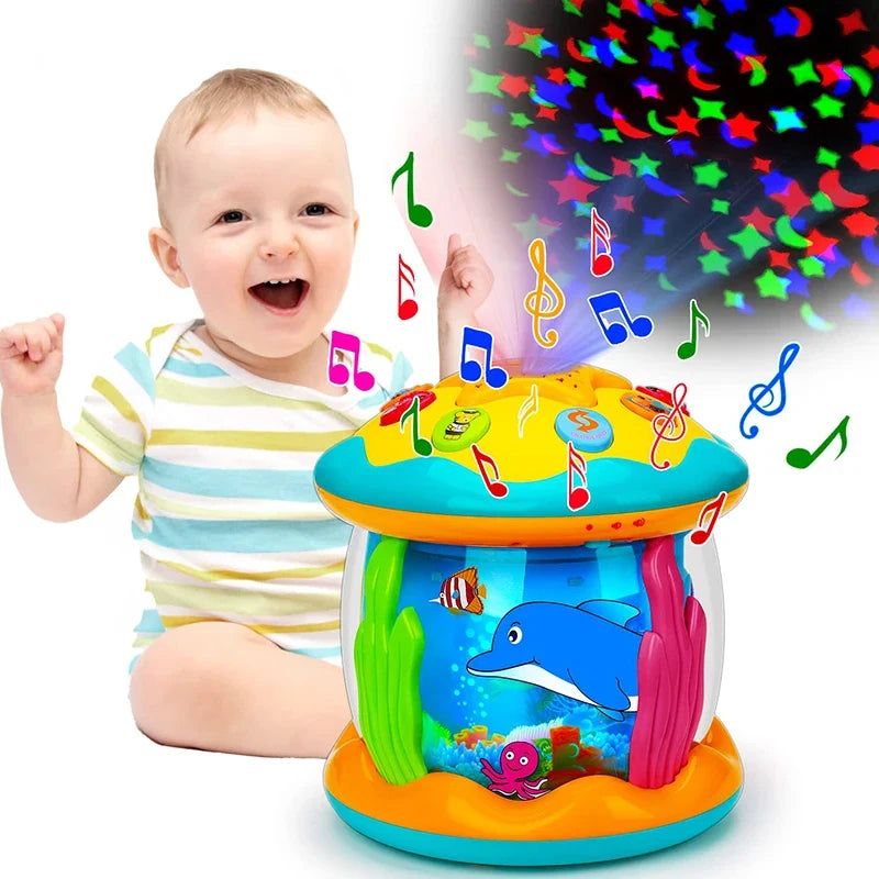 Colourful rotating baby activity toy with musical buttons and sea-life details