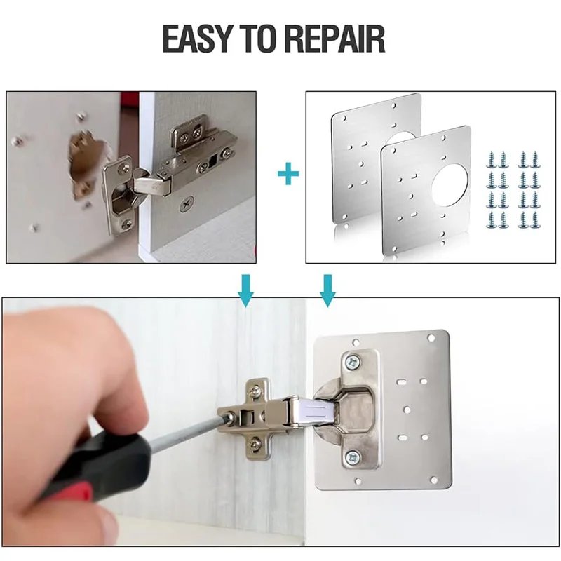 Silver metal furniture hinge repair plates with matching screws