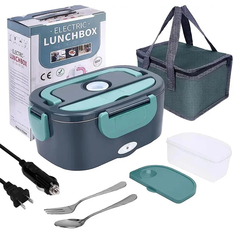 Gray and teal electric lunch box food warmer with carry bag, utensils and power cables