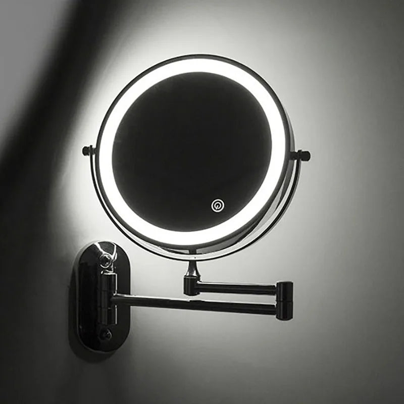 Round wall-mounted makeup mirror with LED light ring and swing arm