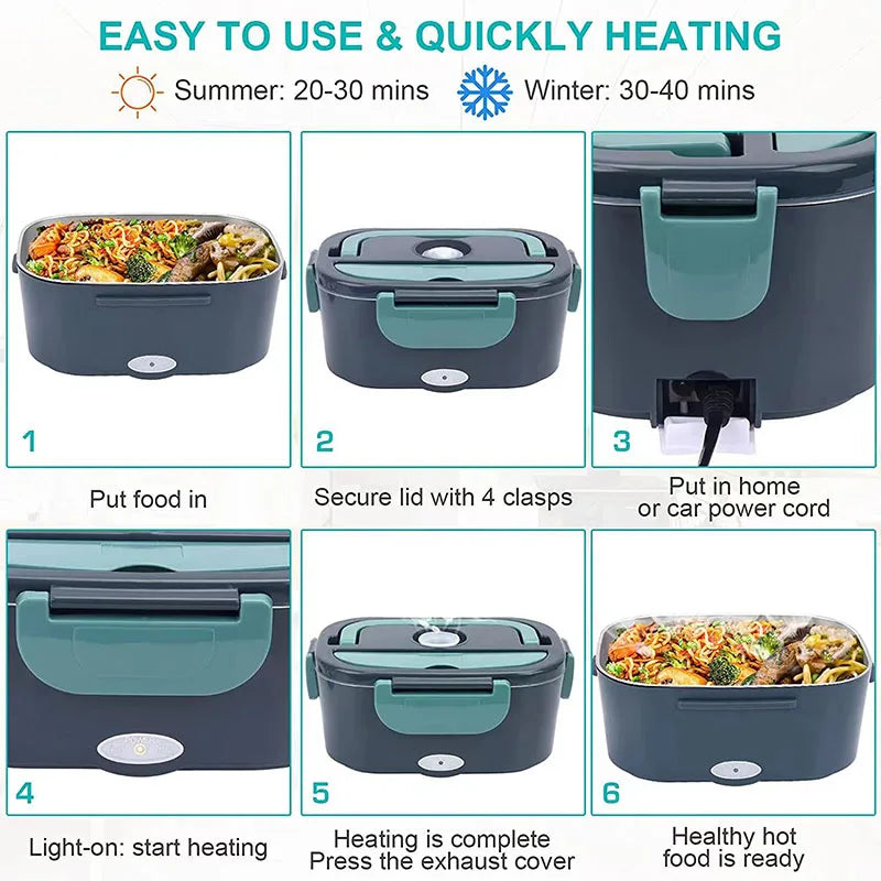 Gray and teal electric lunch box food warmer with carry bag, utensils and power cables