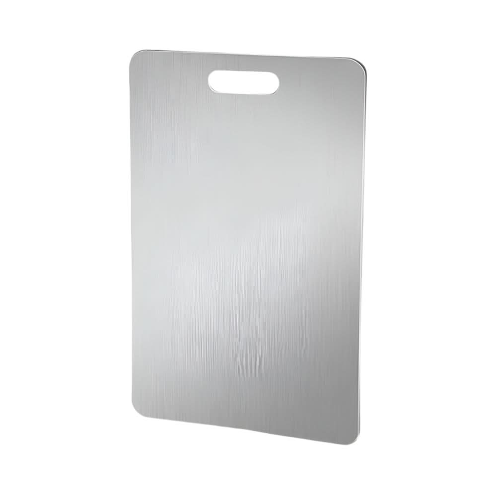 Set of three rectangular silver cutting boards with brushed finish and handle openings