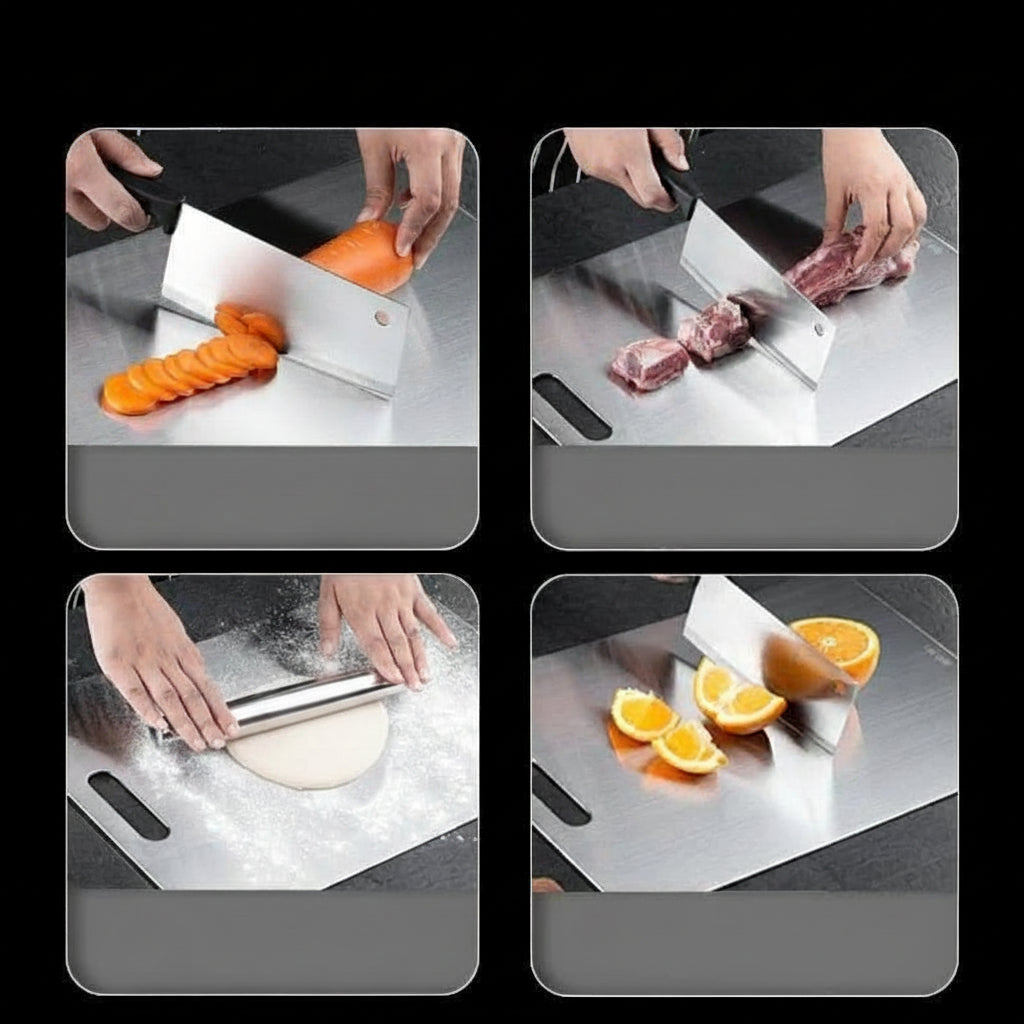 Set of three rectangular silver cutting boards with brushed finish and handle openings