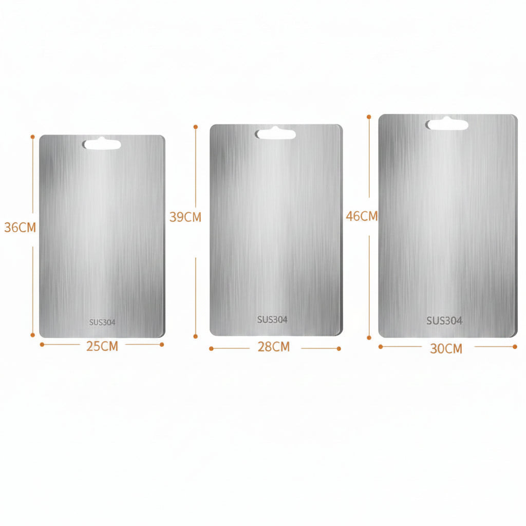 Set of three rectangular silver cutting boards with brushed finish and handle openings