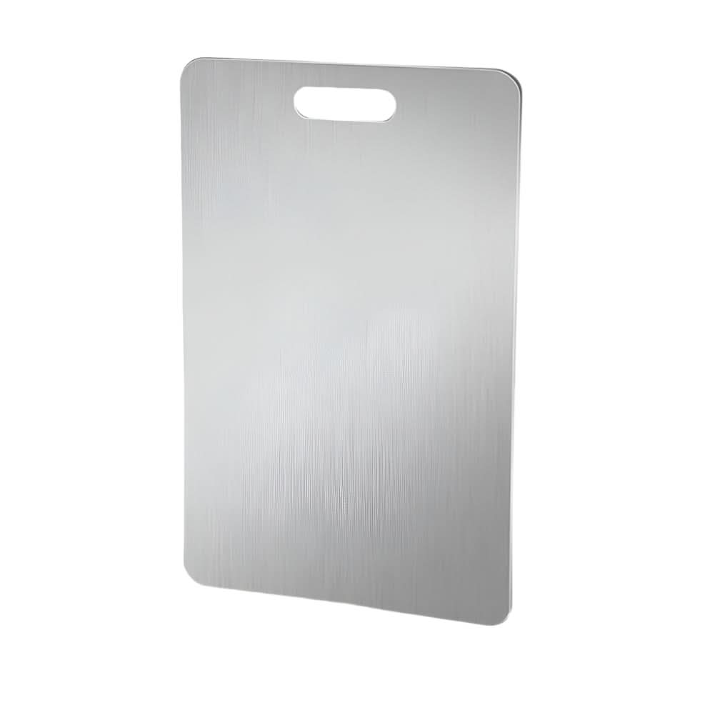 Set of three rectangular silver cutting boards with brushed finish and handle openings