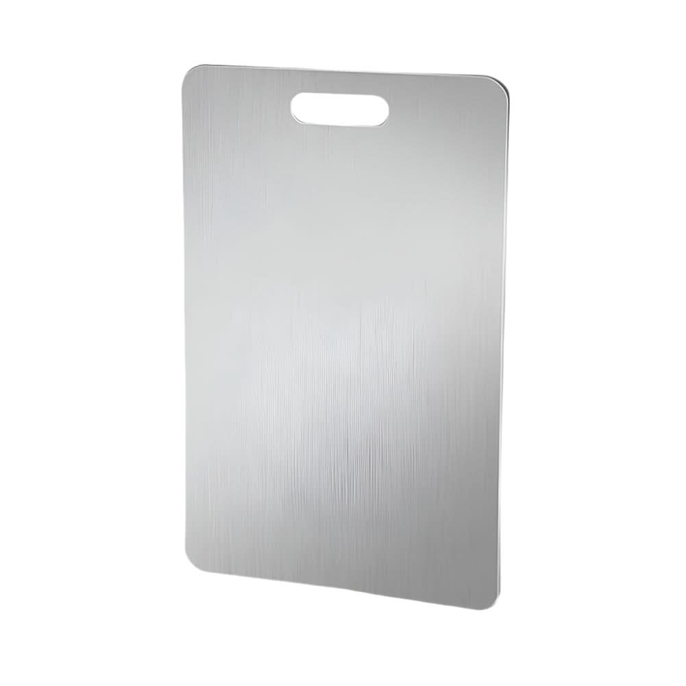 Set of three rectangular silver cutting boards with brushed finish and handle openings