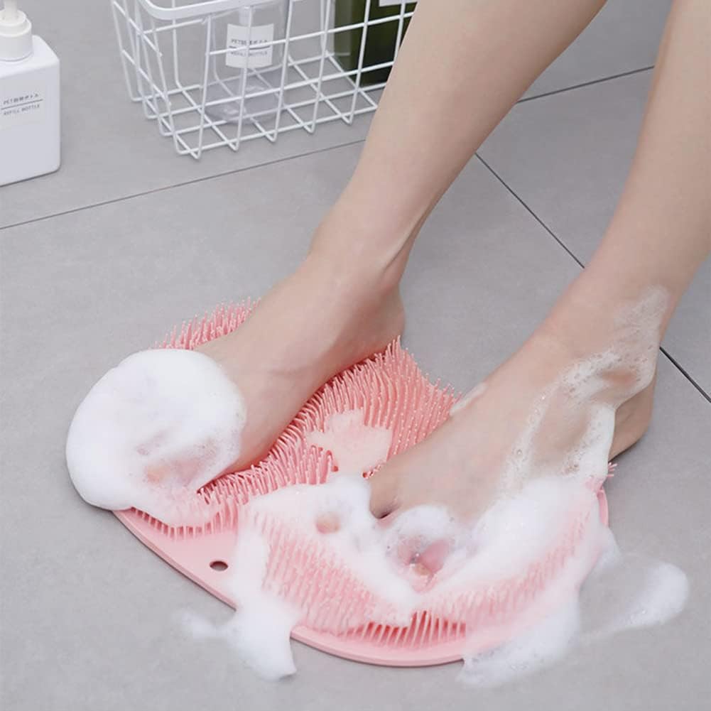 Handheld shower body scrubber with dense flexible bristles and hanging hole