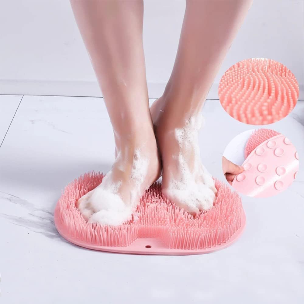 Handheld shower body scrubber with dense flexible bristles and hanging hole