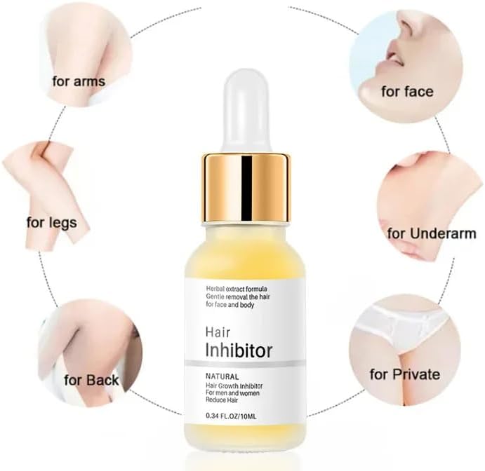 Yellow hair inhibitor serum in a dropper bottle labelled for face and body use