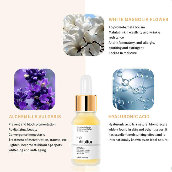 Yellow hair inhibitor serum in a dropper bottle labelled for face and body use
