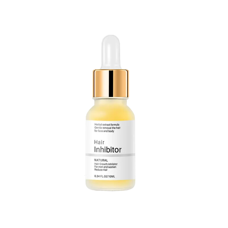 Yellow hair inhibitor serum in a dropper bottle labelled for face and body use