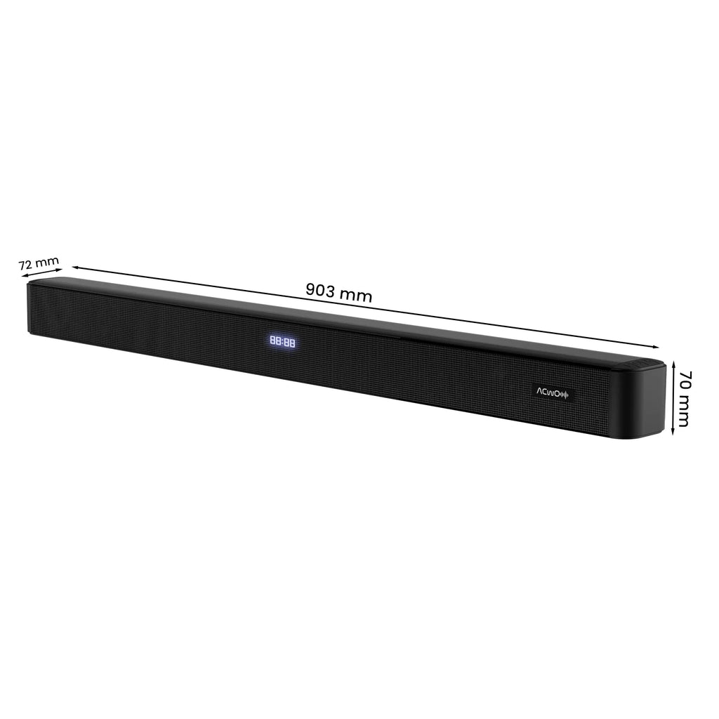 Black soundbar speaker system with separate subwoofer and remote control