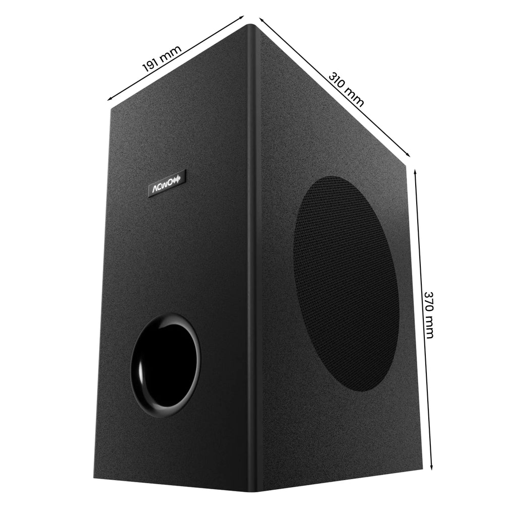 Black soundbar speaker system with separate subwoofer and remote control