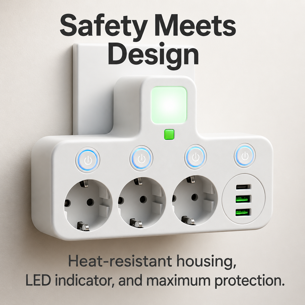 Three-socket power strip with individual switches and USB ports