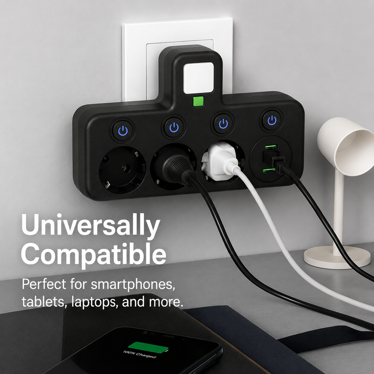 Three-socket power strip with individual switches and USB ports