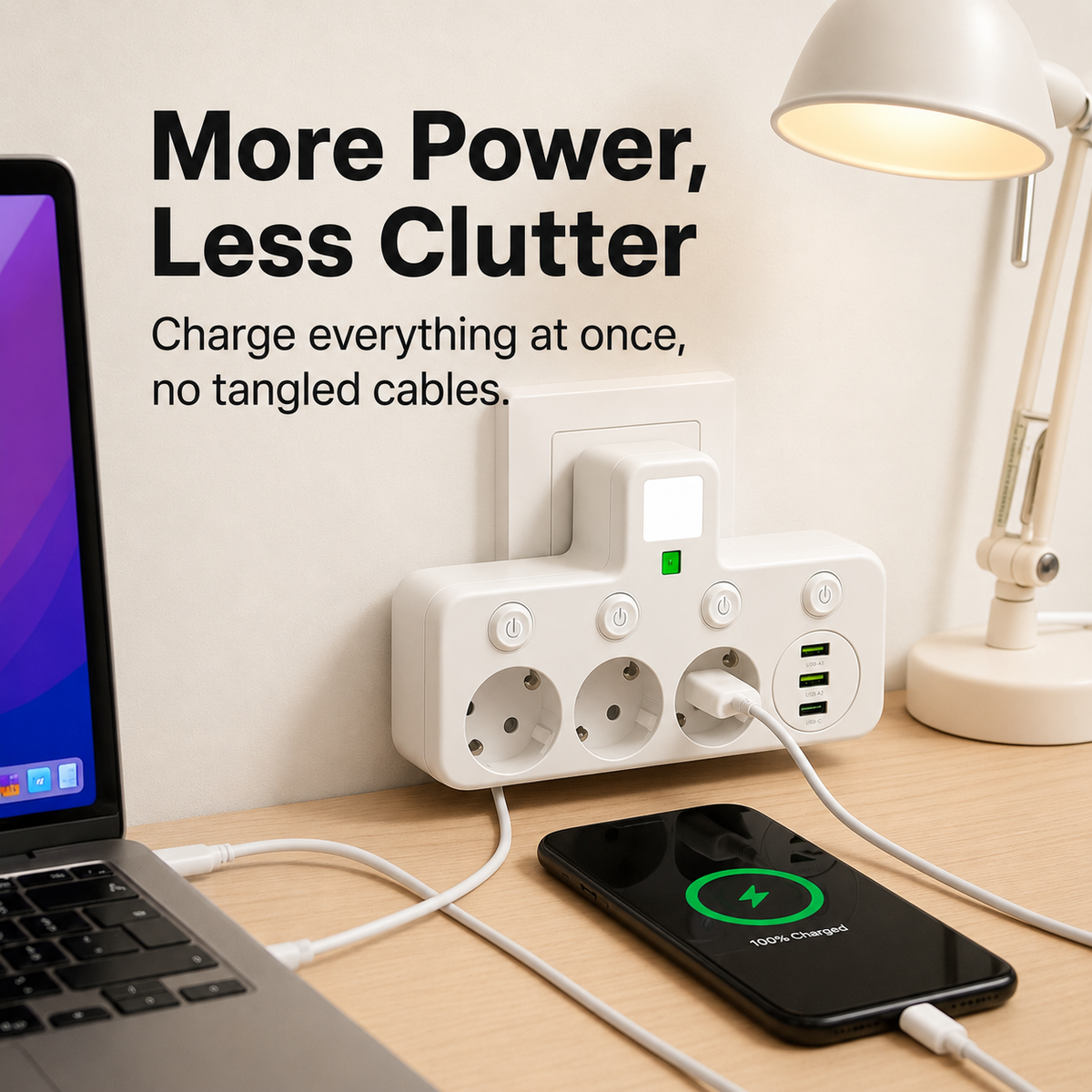 Three-socket power strip with individual switches and USB ports