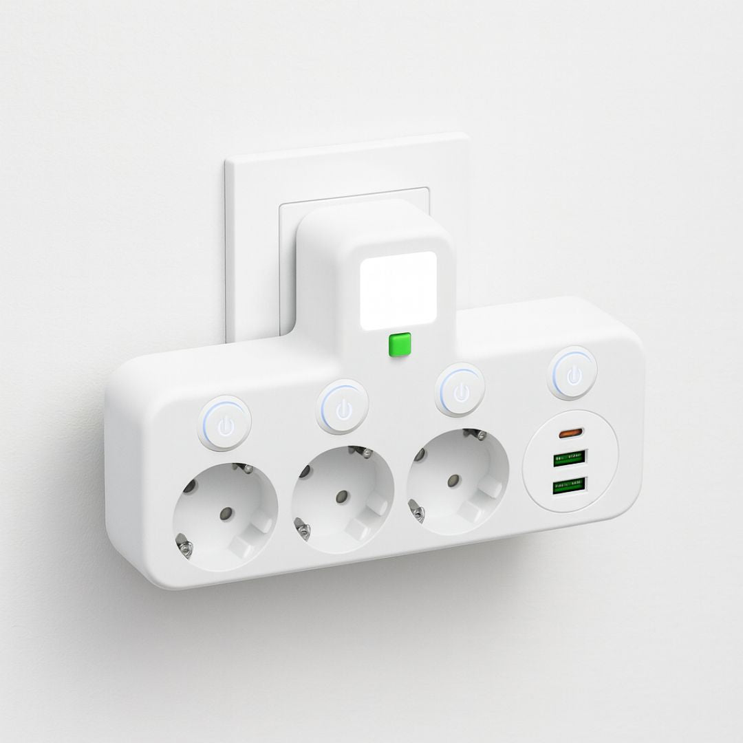 Three-socket power strip with individual switches and USB ports