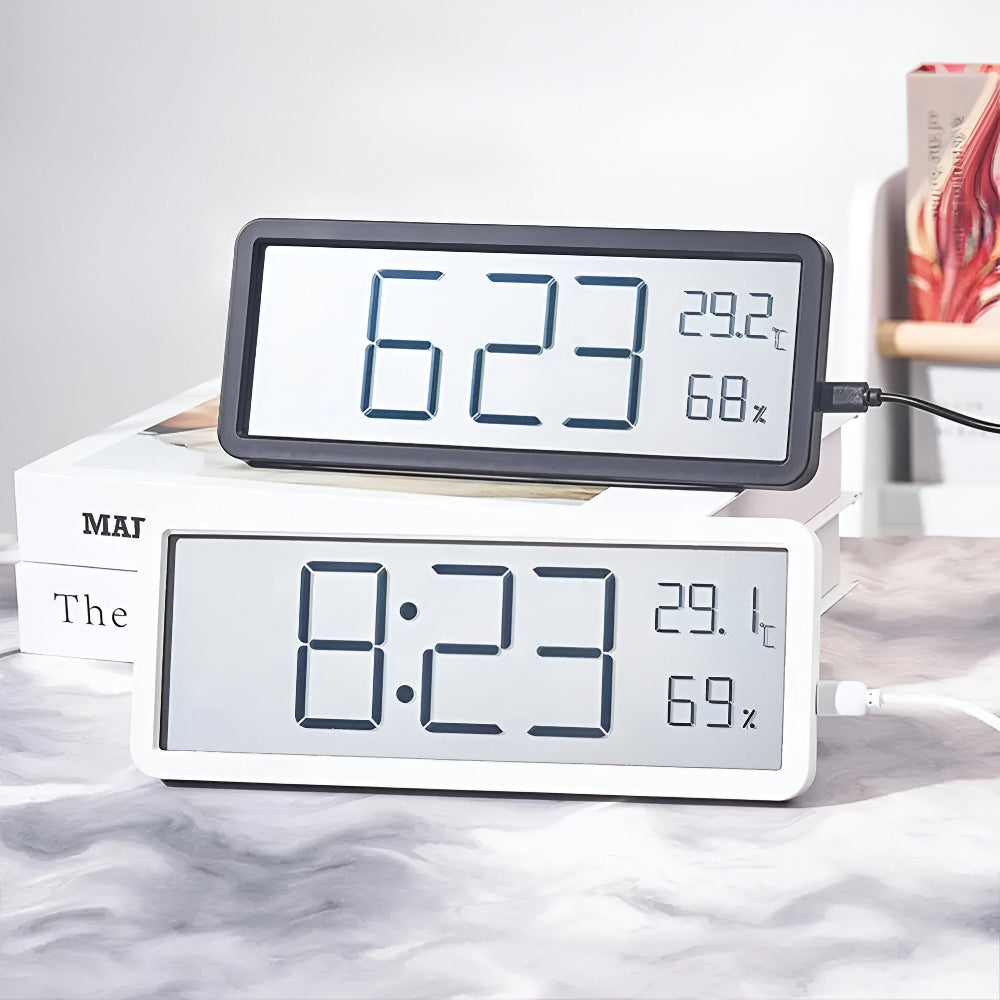 Rectangular LED digital wall clock displaying time, temperature and humidity
