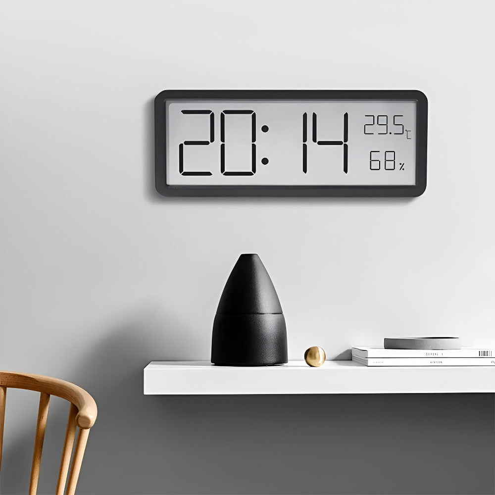 Rectangular LED digital wall clock displaying time, temperature and humidity