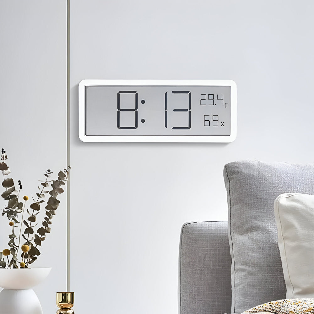 Rectangular LED digital wall clock displaying time, temperature and humidity