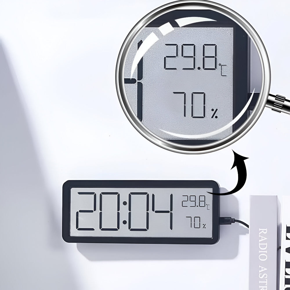 Rectangular LED digital wall clock displaying time, temperature and humidity