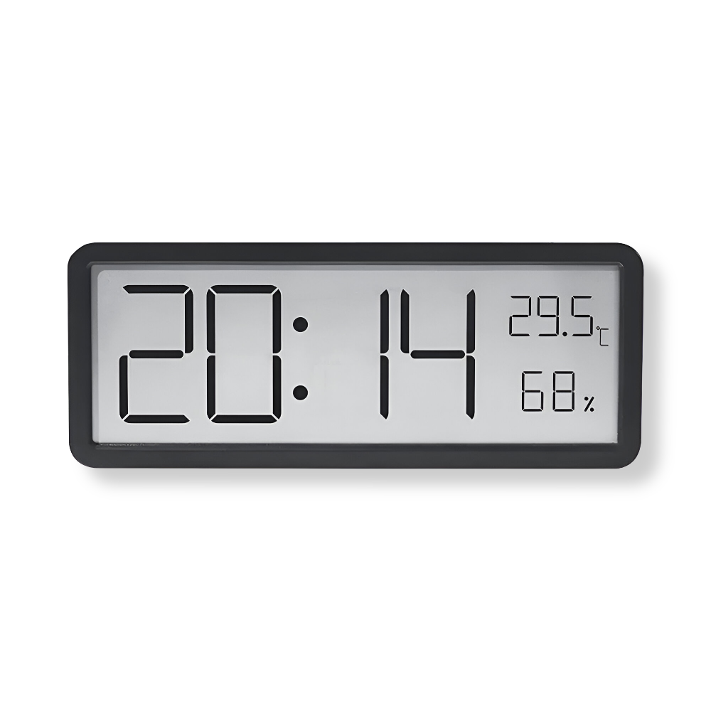 Rectangular LED digital wall clock displaying time, temperature and humidity