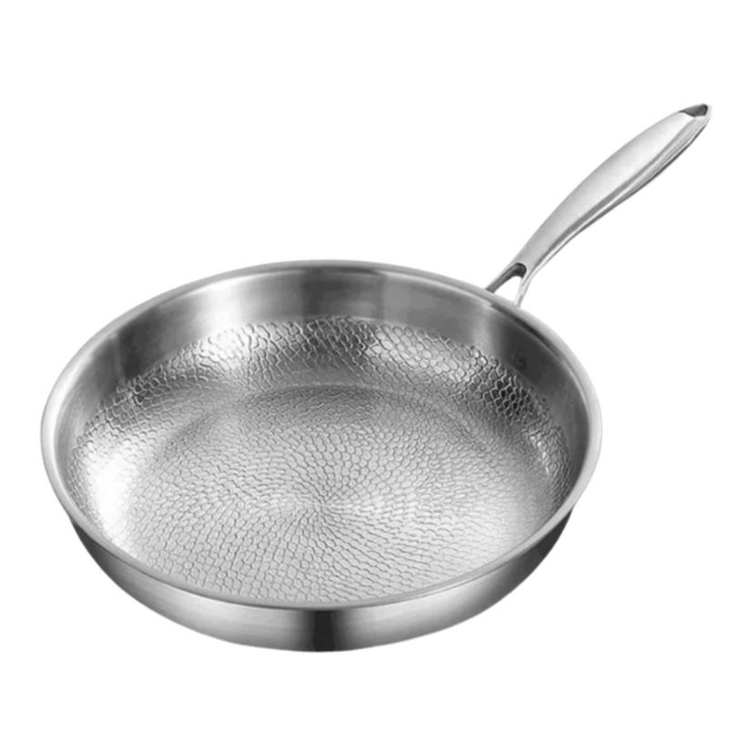 Silver textured non-stick frying pan with long handle
