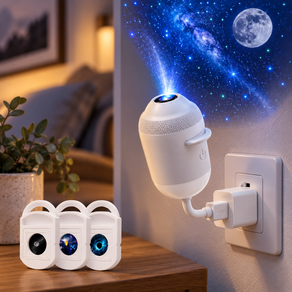 White USB galaxy and ocean projector with three projection discs