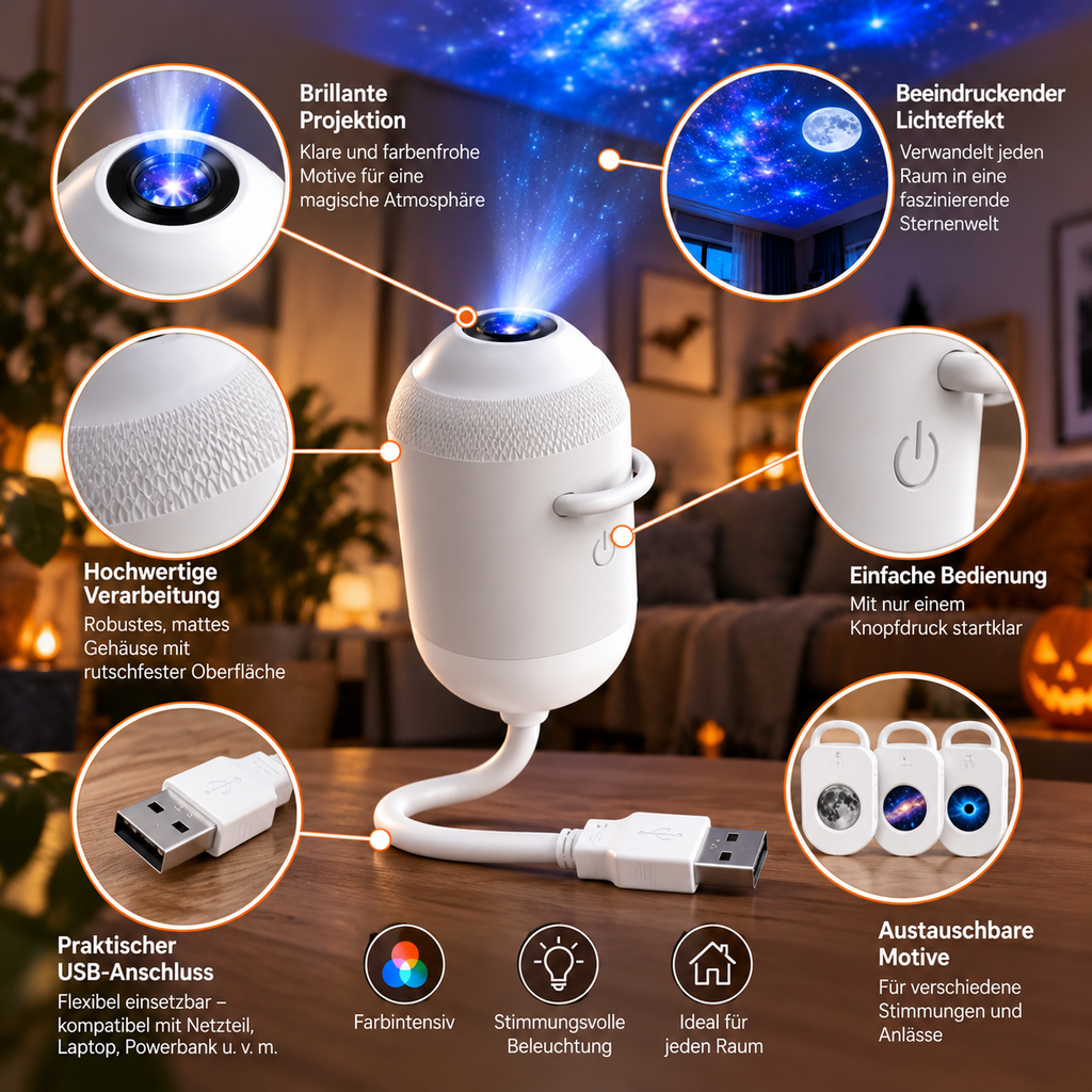 White USB galaxy and ocean projector with three projection discs