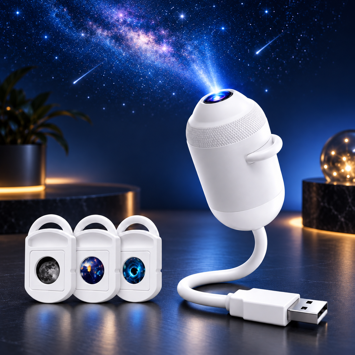 White USB galaxy and ocean projector with three projection discs