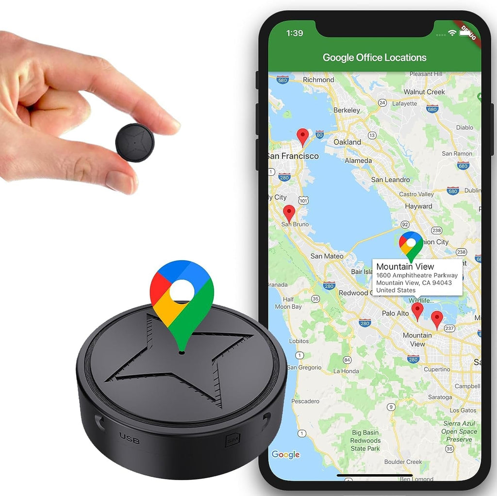Black round magnetic GPS tracker with USB port and SIM slot marking